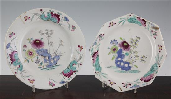 Two Bow porcelain polychrome plates, c.1754, 21cm and 23cm, circular plate cracked, octagonal plate with slight chips